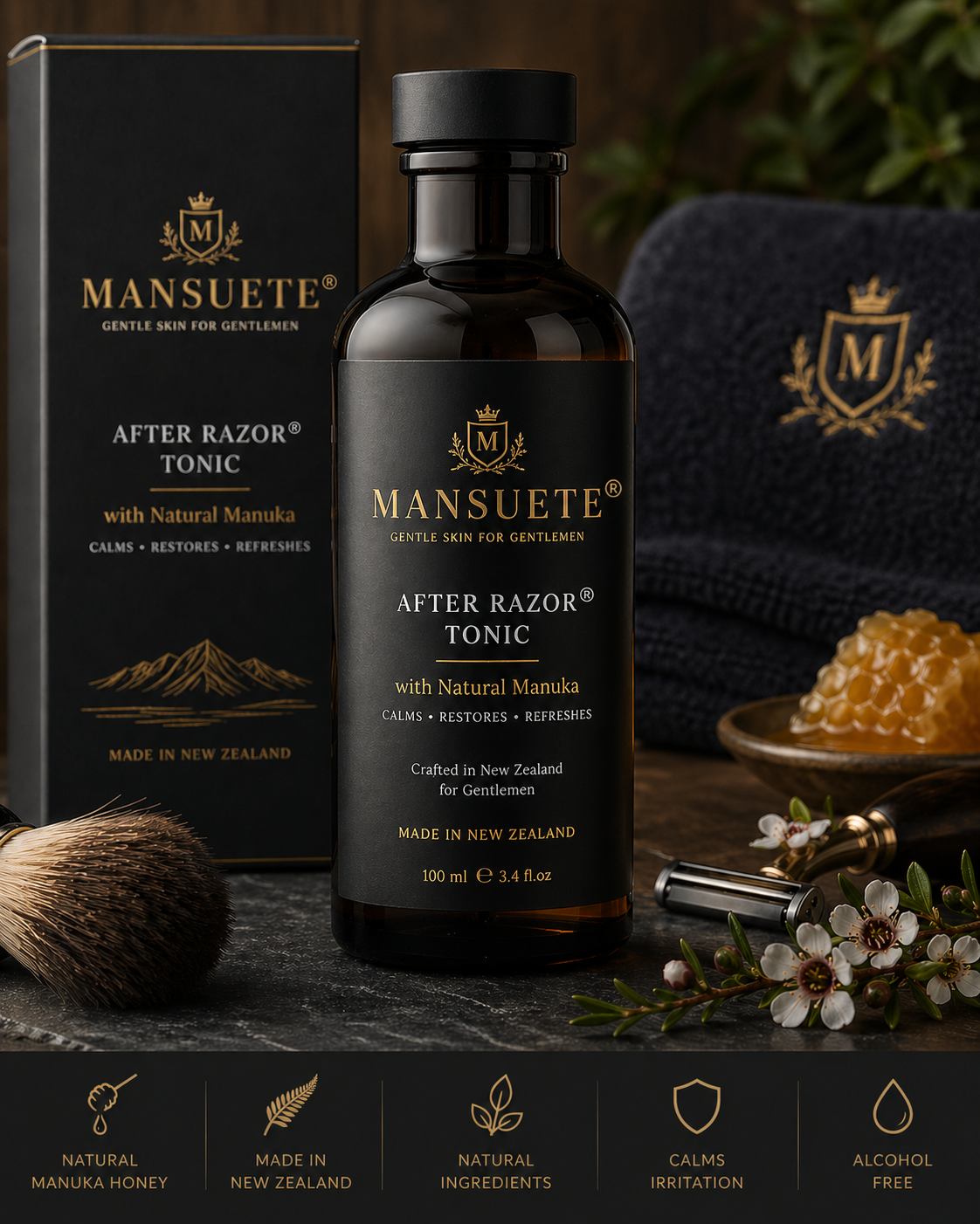 MANSUETE® After Razor® Tonic with Natural Manuka — Made in New Zealand
